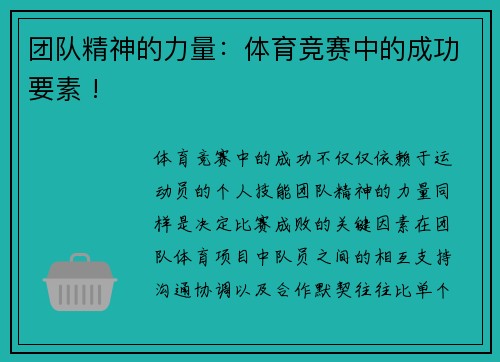 团队精神的力量：体育竞赛中的成功要素 !